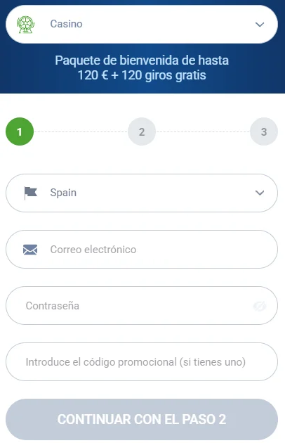 20Bet Casino Registro y Bono de Bienvenida 20Bet Casino formulario de registro con bono de bienvenida de hasta 120 € y 120 giros gratis